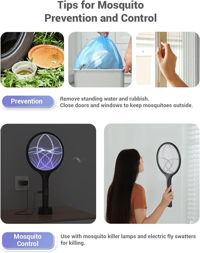 YISSVIC Electric Fly Swatter Bug Zapper Racket Dual Modes Mosquito Killer with Purple Mosquito Light Rechargeable for Indoor Home Office Backyard Patio Camping (Black 2 Pack)