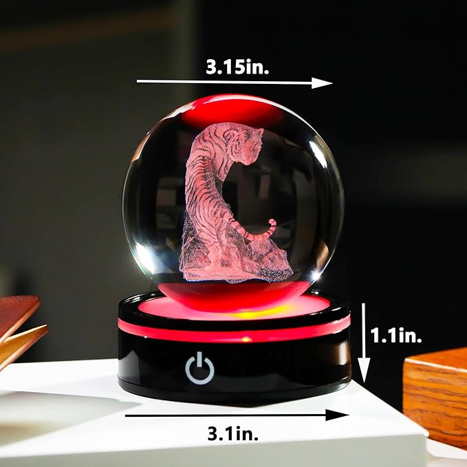 YWHL 3D Tiger Figurine Crystal Ball with Colorful Light Base, Tiger Gifts for Women Men, 3D Laser Engraved Full Sphere Glass Decorative Ball for Home Office (80mm)