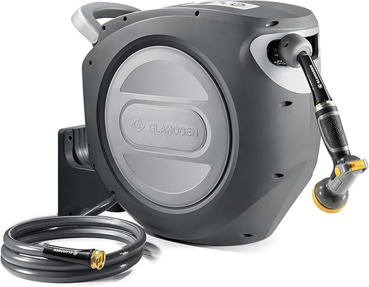 Retractable Garden Hose Reel 5/8 in x 75 ft Upgraded UV Resistant Heavy Duty Automatic Hose Reel Wall Mount 3/4 in Brass Fitting 9 Pattern Nozzle Any Length Lock Slow Retraction 180° Swivel