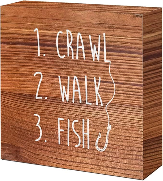 Brown Country Crawl Walk Fish Rustic Wooden Sign Desk Decor,Funny Baby Fishing Wood Block Sign Desk Decorations for Home Bedroom Baby Room Shelf Table Decor