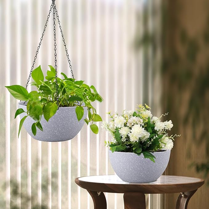 10 inch Hanging Planters for Indoor Outdoor Plants, 2 Pack Hanging Flower Pots with Drainage Holes and Chain for Garden Porch, Plastic Hanging Baskets for House Plants, Speckled Grey