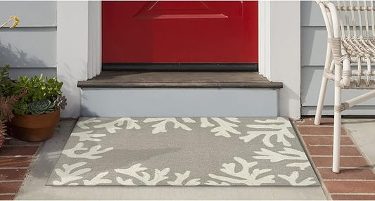 Liora Manne CAPRI Indoor/Outdoor Handmade Synthetic Blend Durable Area Rug - Traditional Border Coastal Beach Accent (Coral Border Silver) (2'6" x 4')