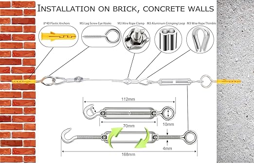 1/8" Stainless Steel Cable,1/8" Wire Rope,M5 Turnbuckle Kit,165FT Wire Tensioner for String Light Hanging Kit,Aircraft Cable,Guy Wire,Stainless Steel Wire Rope Kit