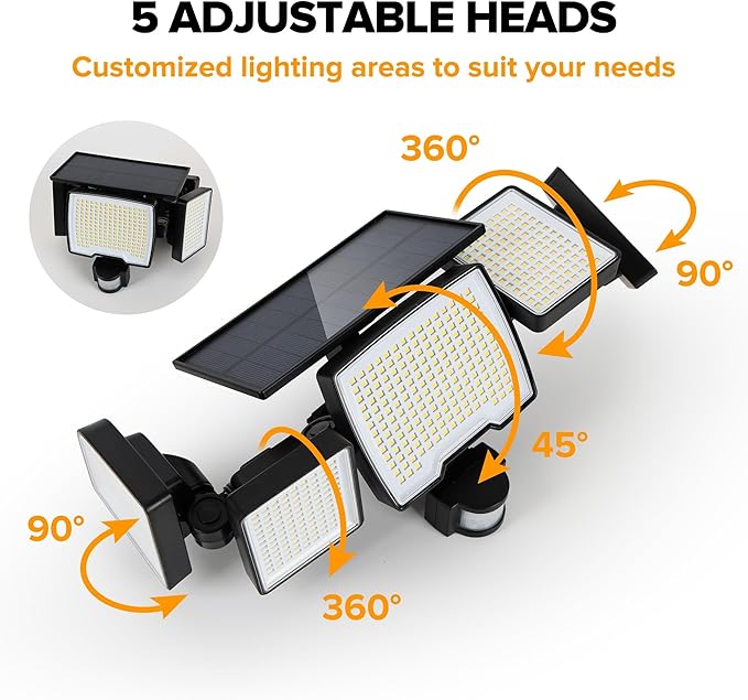 UME Solar Outdoor Lights 620 LED 4500LM, IP65 Waterproof Motion Sensor Outdoor Lights, 5 Heads Solar Security Flood Light 270 Wide Lighting Angle with 3 Modes for Garden Patio Yard - 2 Pack