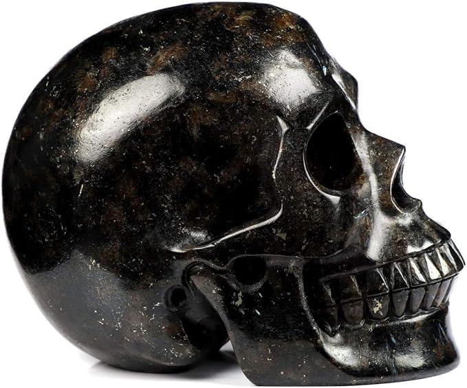 Skullis 5.0" Russian Arfvedsonite Crystal Skull, Hand Carved Gemstone Fine Art Sculpture, Reiki Healing Stone Statue.