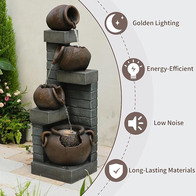Water Fountain Outdoor 4-Tiers Cascading Realistic Bowls Waterfall Clay Pot Design Outdoor Fountain Resin Imitation Wood with LED Lights for Garden, Patio, Porch 42" H