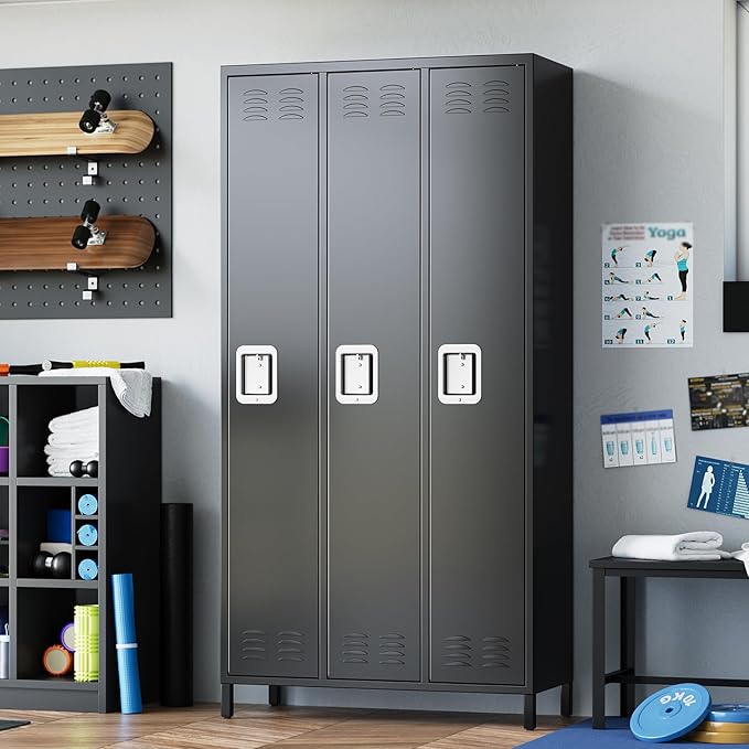 72" Metal Lockers for Employees with 3 Door, Black Metal Storage Cabinet with 9 Hooks, Industrial Locker, Assembly Required, for Gym, School, Classroom, Home, Office, Industrial