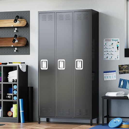 72" Metal Lockers for Employees with 3 Door, Black Metal Storage Cabinet with 9 Hooks, Industrial Locker, Assembly Required, for Gym, School, Classroom, Home, Office, Industrial