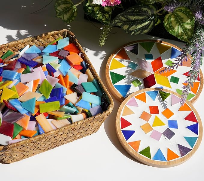 Lanyani 2.5lb Bulk Large Size Stained Glass Mosaic Tiles – 500 Pre-Cut Pieces in 4 Mixed Shapes, Vibrant Colors, Fade-Resistant Glass Tile for DIY Crafts, Indoor/Outdoor Art Projects