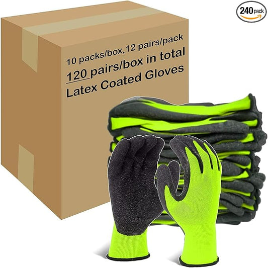 Evridwear Crinkle Latex Rubber Hand Coated Safety Work Gloves for Men Women General Multi Use Construction Warehouse Gardening Assembly Landscaping (M-Size) Lime 120 Pairs Pack