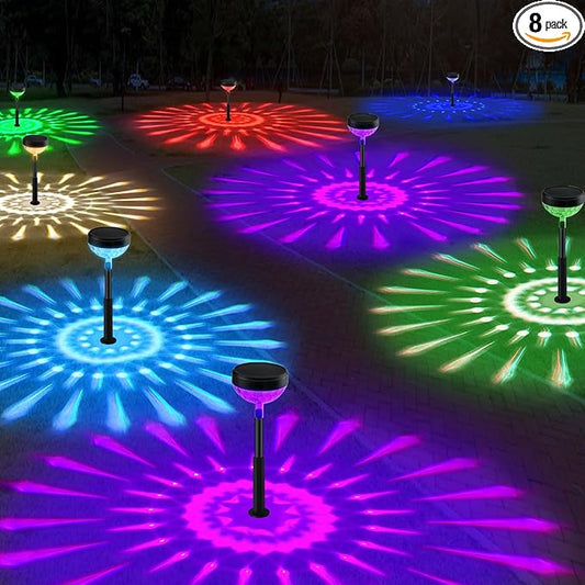 Solar Pathway Lights 8 Pack, Color Changing+8 Fixed Colors (Warm White/Cool White/RGB Colored) Solar Lights Outdoor Waterproof, Bright Solar Powered Garden Light for Walkway Backyard Landscape Decor