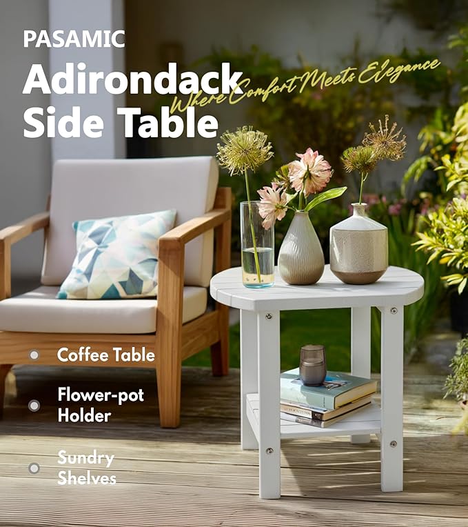 PASAMIC Outdoor Side Table, HDPE Adirondack Oval Side Table with 2-Tier Storage, Weather Resistant Outdoor End Table for Patio, Backyard, Pool, Indoor Companion, Beach, Easy Maintenance Table (White)