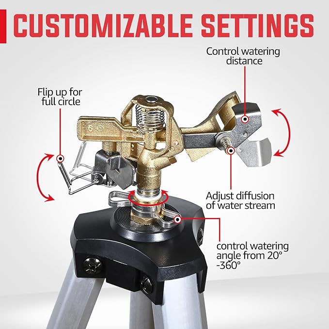YAMATIC Impact Sprinkler on Adjustable Tripod Base, 360 Degree Large Area, Heavy Duty Adjustable Pulsator Sprinkler for Lawn, Yard and Grass Irrigation, Spray up to 20-90ft(Brass Head)