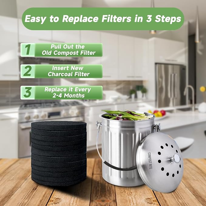 6.7 Inch Charcoal Filters for 16 Pack Kitchen Countertop Compost Bins - Extra Thick 0.4" for Longer Lasting Activated Carbon