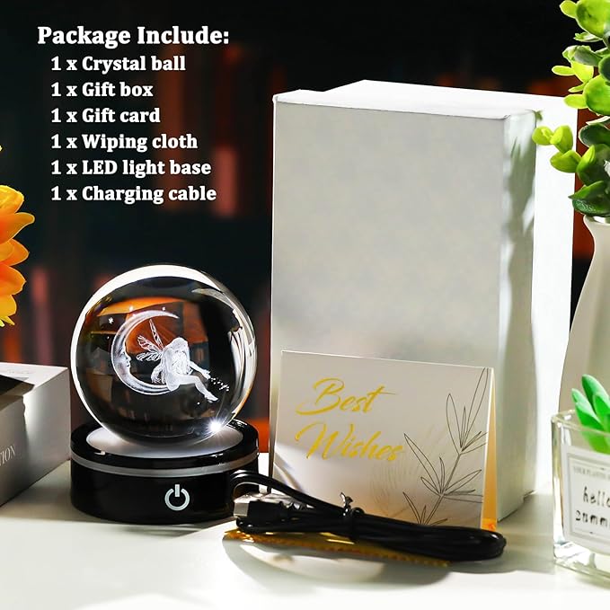 YWHL 3D Moon Fairy Figurine Crystal Ball with Colorful Light Base, Fairy Gifts for Women Girls on Christmas Birthday, 3D Laser Engraved Elf Full Sphere Glass Decorative Ball for Home Office (80mm)