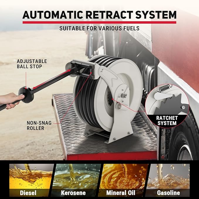 Retractable Fuel Hose Reel, 3/4 in × 66 ft Rubber Hose Heavy Duty Steel Professional Spring Driven Diesel Hose Reel with Fueling Nozzle Max 300PSI Auto Rewind Quick for Ship Vehicle Tank Truck