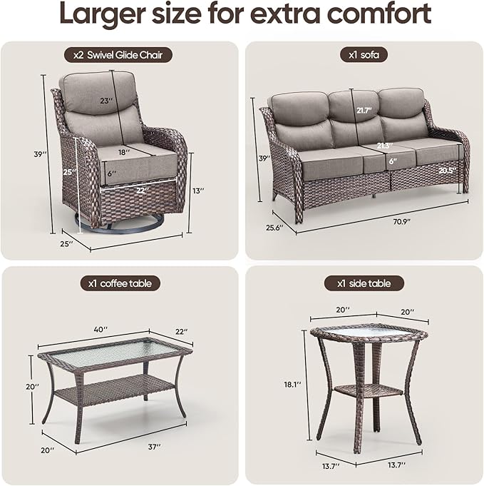 Swivel Patio Chairs sofa Set of 5 with 6" Thick Cushion - Wicker Outdoor Swivel Rocker Patio Chair ,Sofa/Glass coffee table, High Back Comfortable Outdoor Glider Chairs - Brown Wicker Grey Cushions