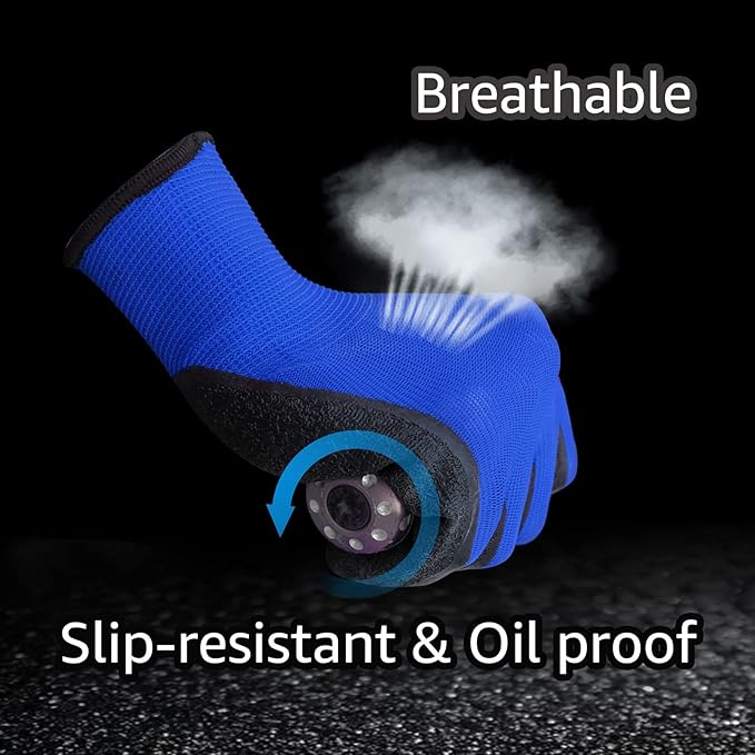 Evridwear Crinkle Latex Rubber Hand Coated Safety Work Gloves for Men Women General Multi Use Construction Warehouse Gardening Assembly Landscaping (Medium,Blue- 12Pair)