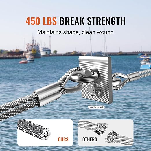 VEVOR 1/16 Wire Rope Kit, 66 FT Wire Rope Crimping Tool 304 Stainless Steel Cable, 160 Sleeves, 12 Thimbles, 7x7 Strands Construction Marine Aircraft Grade for Handrail Stair Decking Fence Outdoors