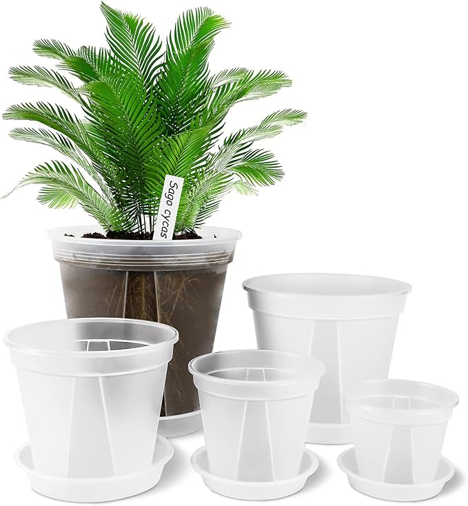 GREENPARA Transparent Plastic Garden Pots Planter with Saucer 4/5 /6/7 /8 inch Plant Pot Nursery Pots Drainage Hole for House Plants, Herb, Flowers, and Cactus with 10pcs Plant Labels, 5-Set