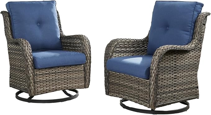 HUMMUH Outdoor Swivel Rocker Wicker Patio Chairs Set of 2, Rattan Rocking Chair Furniture Set (Grey,Blue)