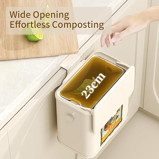 Mrbin Metal Compost Bin Countertop with Lid, Hanging Trash Can for Kitchen Cabinet Door, Wall Mounted Indoor Recycle Basket Food Waste Scrap Dustbin for Kitchen Under Sink with Inner Bucket, Sunflower
