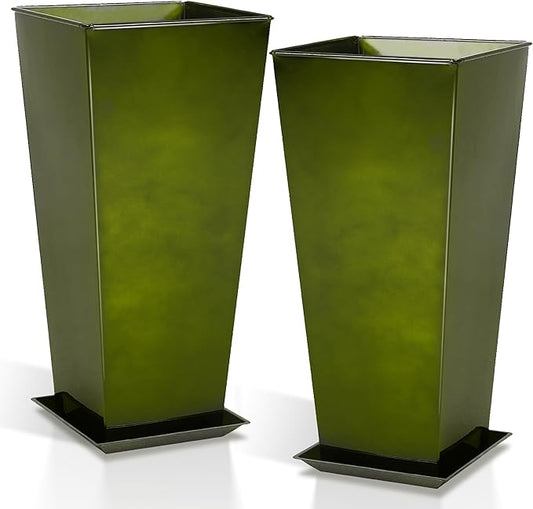 WORTH Garden 25" Large Metal Glazed Planter Set of 2, Luxurious Glossy Finish Green Tall Square Tapered Steel Plant Pots, Decor Flower Pot Indoor & Outdoor, Drainage Hole & Dual-Purpose Plant Saucer