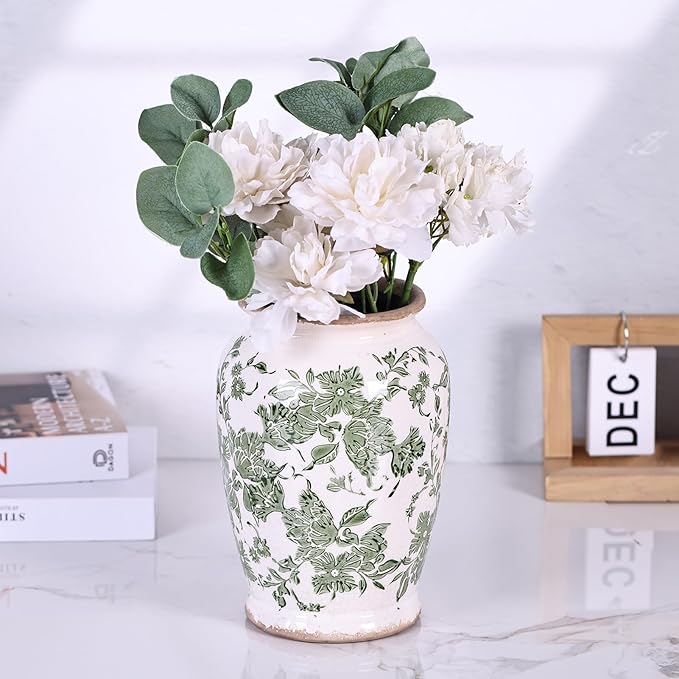 Vintage Vase for Flowers,Green Chinoiserie Ceramic Vase,Rustic Farmhouse Cracked Vases,for Flower Arrangement,Living Room, Office, Shelf, Fireplace Tables,Centerpieces,Chinoiserie Pottery Decor(B)