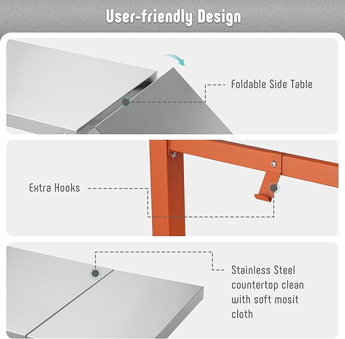 Outdoor Grill Table, 40’’x20’’ Movable Pizza Oven Stand for Outdoor BBQ Food Prep, Stainless Steel Countertop Grill Cart with Storage Shelf & Foldable Extension Table, 6 Extra Hooks