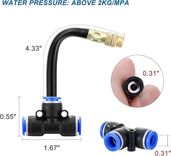 Mornajina 5Packs Brass Misting Nozzles Tee with 4inch Built in Hose for Outdoor Cooling System, Adjustable 360° Rotation, Water Mister Nozzles Thread Sprayer 0.043" (1.1 mm)