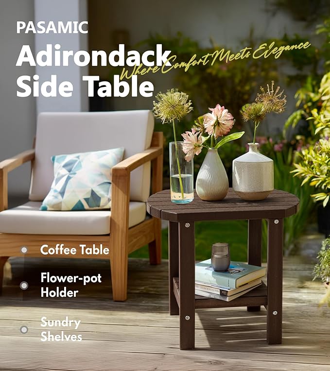 PASAMIC Outdoor Side Table, HDPE Adirondack Oval Side Table with 2-Tier Storage, Weather Resistant Outdoor End Table for Patio, Backyard, Pool, Indoor Companion, Beach, Easy Maintenance Table (Brown)