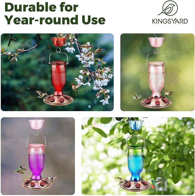 Kingsyard Glass Hummingbird Feeders for Outdoors, 24 oz Hummingbird Nectar Feeder for Outdoors Garden Yard Décor, 6 Feeding Ports, Ant Moat Included, Easy to Clean & Refill, Navy Blue