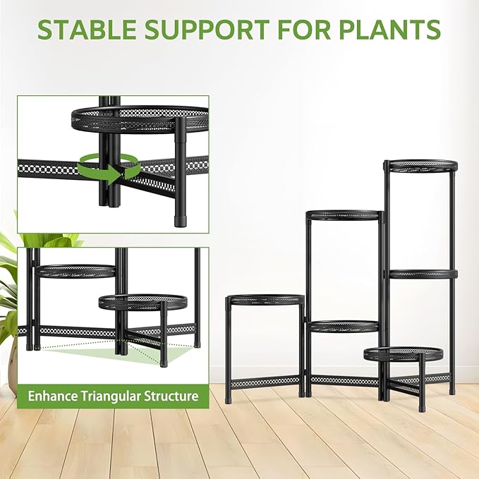 iDavosic.ly 6 Tier Large Plant Stand Indoor with 10-Inch Wide Drainage Tray, Tiered Corner Metal Outdoor Flower Display Holder Shelf, Folding Tall Rack for Patio Porch Balcony, Black Iron Carving