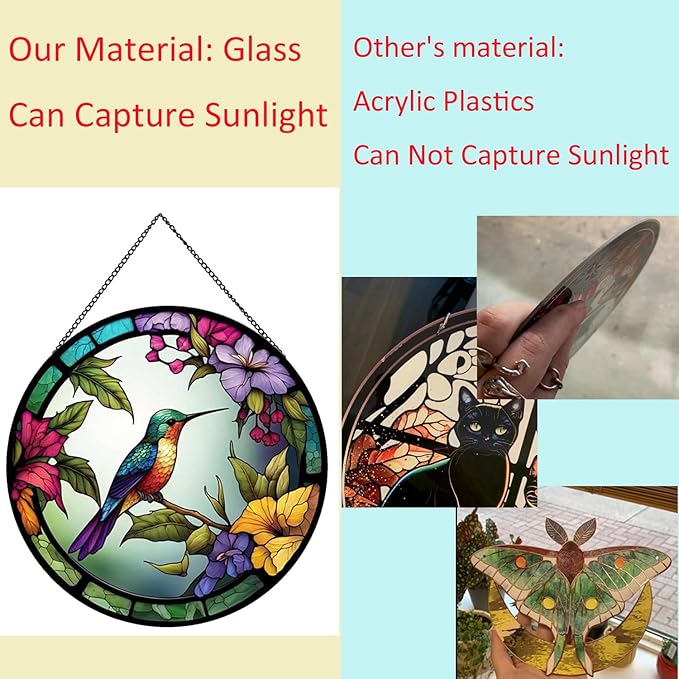 Hummingbirds and Flowers Pattern Hanging Stained Glass Suncatcher,Stained Glass Suncatchers for Windows,20cm/7.87inch Hand-Painted Sun Catcher Garden Painted Glass Panel Decor Themed Gift