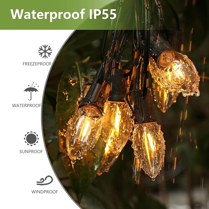 Waterproof C9 Replacement LED Light Bulbs –0.6W Equivalent to 7W, White Warm 2200K Outdoor String Lights E17 Base LED Light Bulbs, Clear Plastic, 25Pack