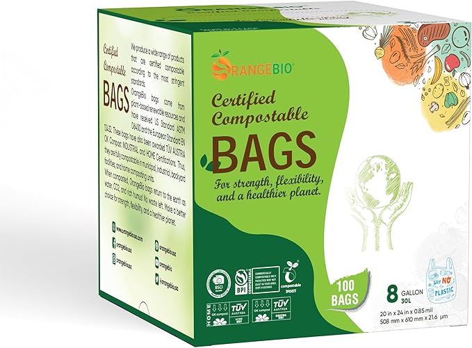 6~8 Gallon Compostable Trash Bags, 100 Count, Plant-Based Garbage Bags for Kitchen, Bathroom, Office & Food Waste – Durable, Leak-Proof, ASTM D6400 & BPI Certified