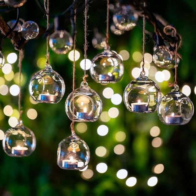 Nuptio 8 Pcs 3.15"/ 8cm Hanging Glass Tealight Holder Globe Plant Terrariums Glass Orbs Air Plants Tea Light Candle Holders Home Decor Indoor Outdoor Garden (with 2 Holes, 6 Pcs + 2 Pcs)