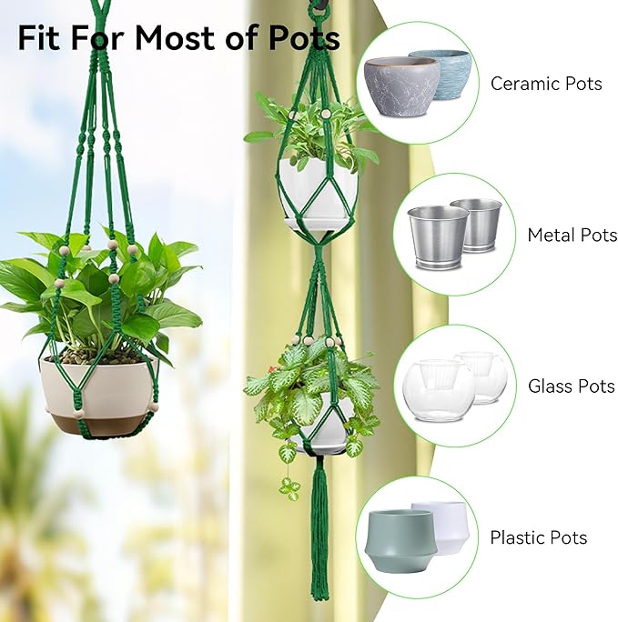 USLAI Macrame Plant Hanger Indoor Outdoor, Up to 4-15 inch Pot, Heavy 20lb Planters, Extra Long Strong Hanging Planter Basket Holder, Boho Home Decor, 35+49 Inch, Green (POTS NOT Included)