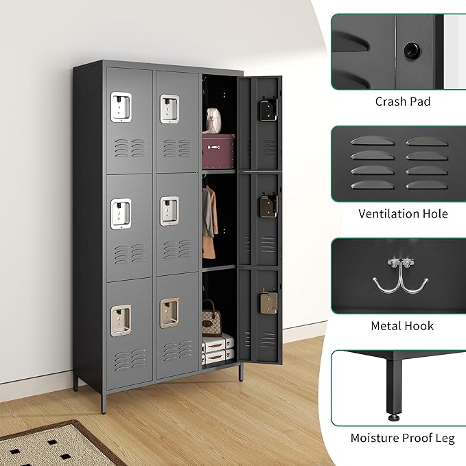 Metal Lockers for Employees, Storage Employee Locker, 72" Storage Lockers with Shelves Steel Cabinet for Home (Black, 9 door-72'')