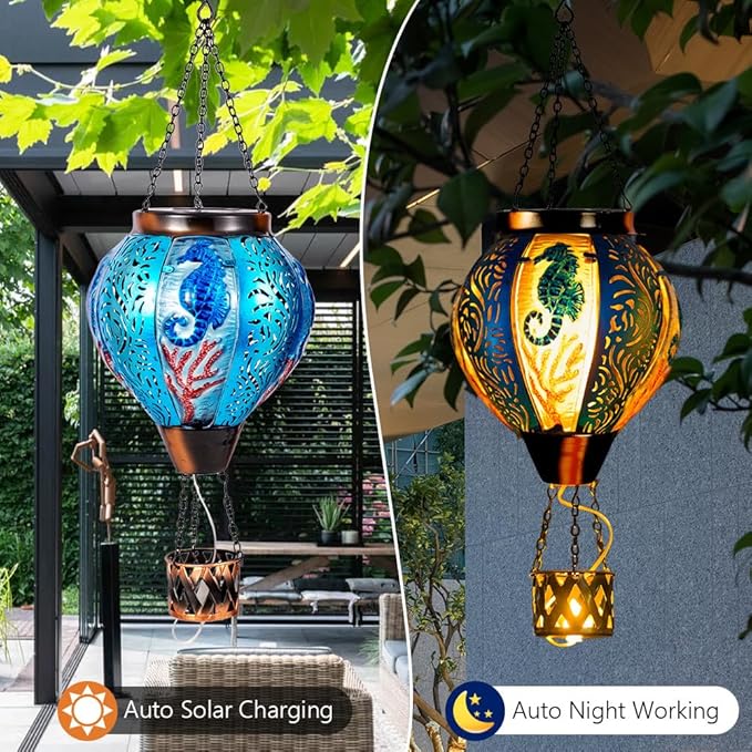 Seahorse Solar Hot Air Balloon Lantern with Flame Flickering Metal Hot Air Balloon Solar Lanterns Outdoor Waterproof Hanging Outdoor Lights for Yard,Patio,Garden Decor Birthday Gift for Women