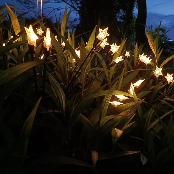 2 Pack Star Solar Firefly Lights, Outdoor Waterproof Garden Lights,Decorative Lights, Flexibility Swaying Lights for Pathway Yard Walkway Patio Decoration, Warm White