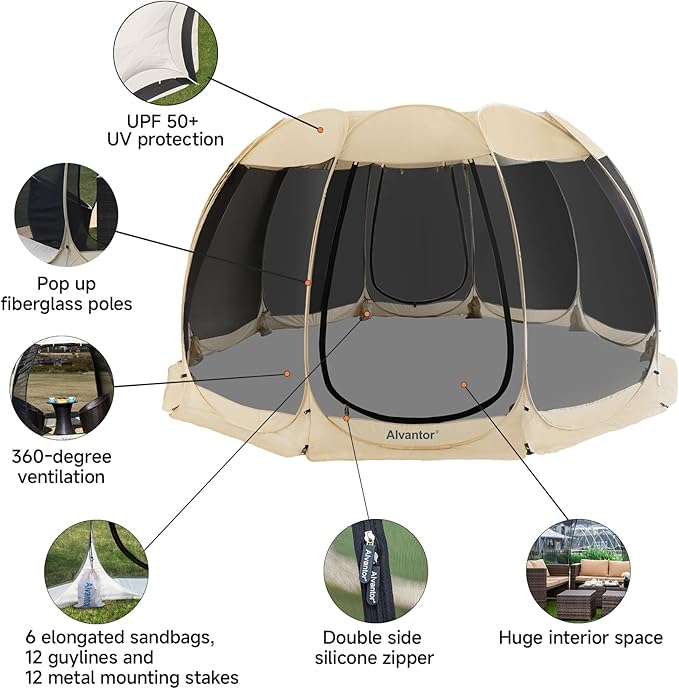 Alvantor Screen House Gazebo, 6-10-15 Person Pop Up Igloo Screened Canopy Tent with Mosquito Netting Sides, Instant UV Resistant Sun Shelter for Garden, Patio, Backyard