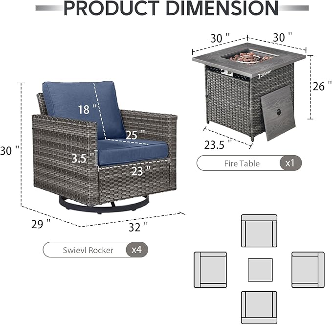 Outdoor Swivel Rocker Chairs Set of 4 with Fire Pit Table - 5 Peice Wicker Patio Furniture Set Conversation Set with 50,000 BTU Fire Pit for Deck Backyard - Grey Wicker Blue Cushion