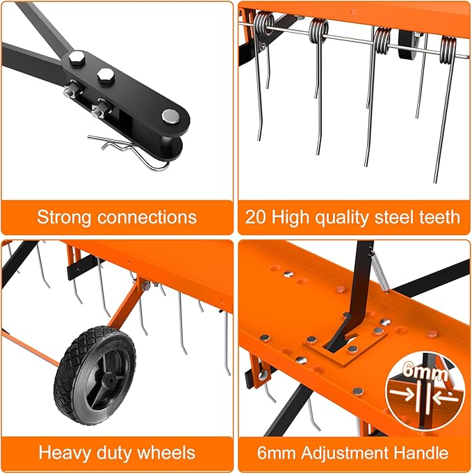 40inch Tow Behind Dethatcher with 20 Spring Steel Tines, Lawn Tractor Rakes with Lift Handle, Tow Behind Rake to Remove Thatch, Riding Lawn Mower Attachments for Outdoor Yard Tools Lawn Care