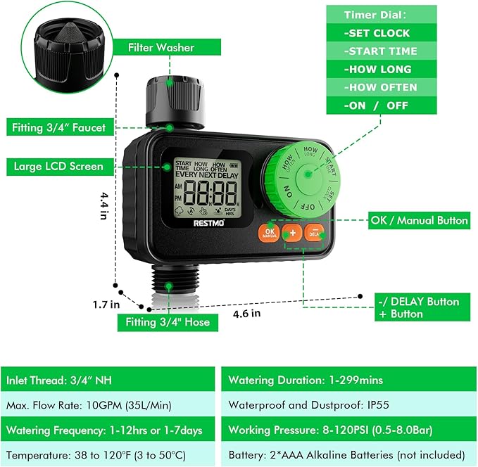 [2 Pack] RESTMO Sprinkler Timer, Programmable Water Timer for Garden Hose, Automatic Digital Control | Manual ON/Off | Rain Delay for Outdoor Faucet, Drip Irrigation and Lawn Watering System