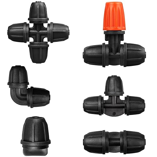 Upgraded 1/4" Drip Irrigation Fittings：60 Pieces Set-15 Couplings 15 Tees 5 Crosses 10 Elbows 10 End Plugs 5 Micro Dripper, Leak Free Barbed Locked Connectors for 1/4 Inch Irrigation Tubing