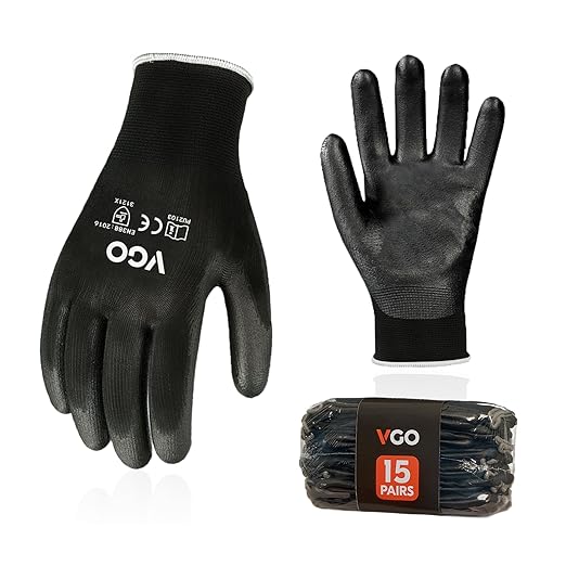 Vgo... 15-Pairs Safety Work Gloves, Gardening Gloves, Polyurethane Coated, Dipping Gloves, Latex Free (Size L, Black, PU2103)