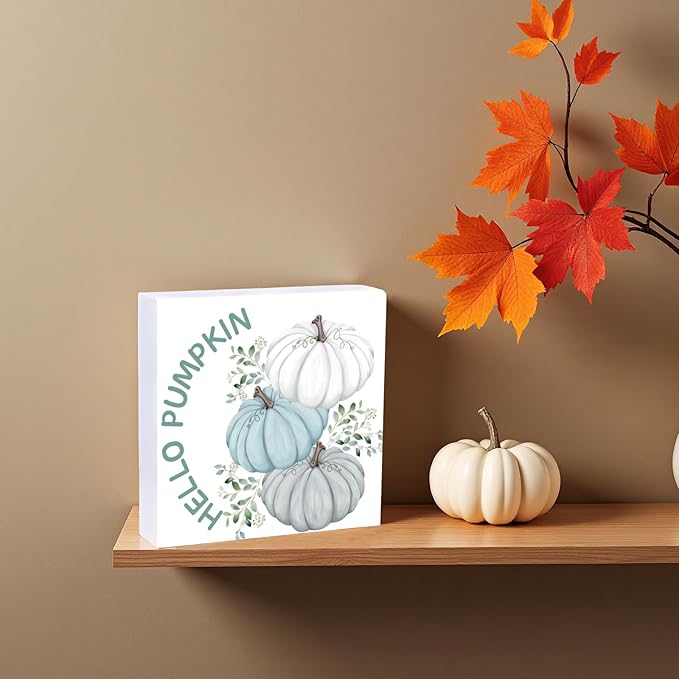 Fall Decorations for Home Fall Decor Home Room Hello Pumpkin Table Wood Box Sign Rustic Wooden Shelf Desk Office Decor Season Sign House Warming Gifts 5.9 x 5.9 Inch