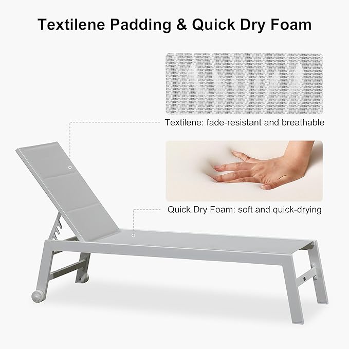 PURPLE LEAF Outdoor Chaise Lounge Set Oversize Adjustable Sunbathing Recliner Extra Wide Lounge Chairs with Side Table for Poolside Beach Outside Patio Aluminum Chaise Lounger Cream