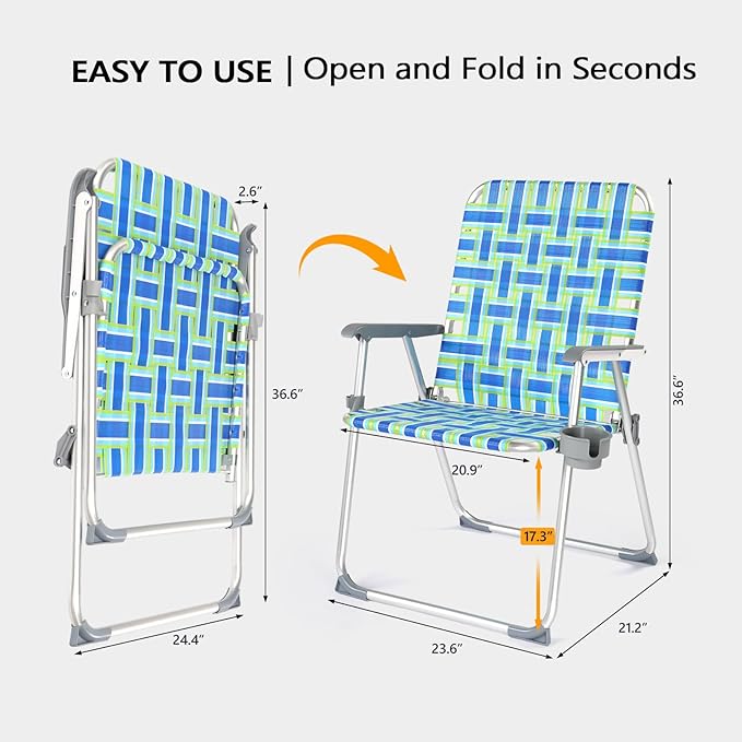 VINGLI Folding Aluminum Webbed Oversized Lawn Chairs with Detachable Cup Holder, 300LBS High Beach Chair for Adults Heavy Duty, Portable Patio Chair for Yard, Garden, 2 Pack,Blue/Green